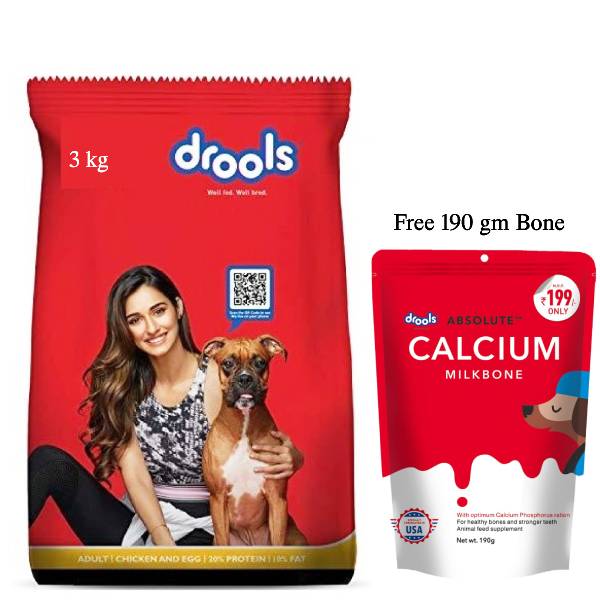 Drools Chicken and Egg Adult Dog Food, 3 Kg with Absolute Calcium Milk Bone Free 190 g