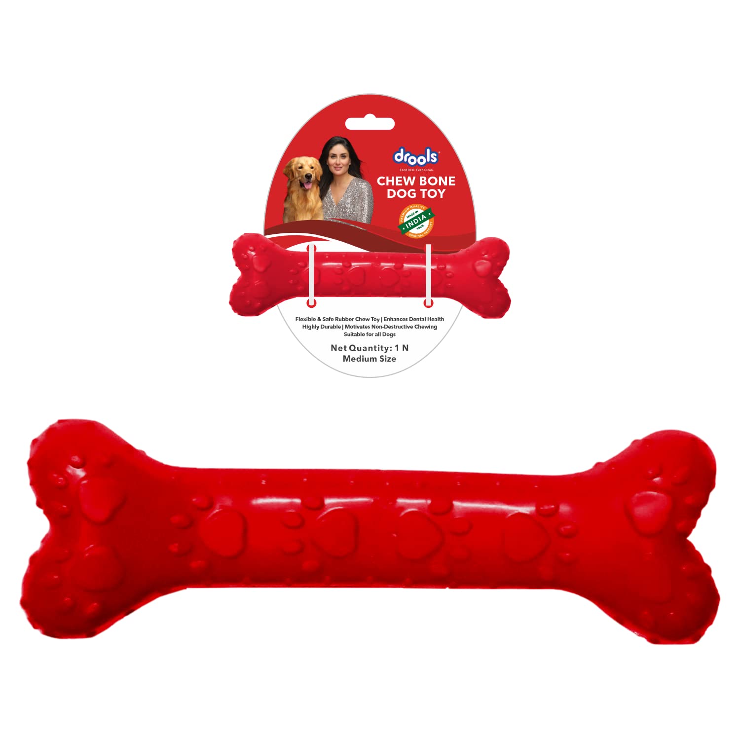 Drools Non-Toxic Rubber Dog Chew Bone Toy, Puppy/Dog Teething Toy (Large) - 8.5 inches, Red
