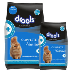 Drools Adult(+1 year) Dry Cat Food, Ocean Fish, 3 kg + 1.2 kg Free