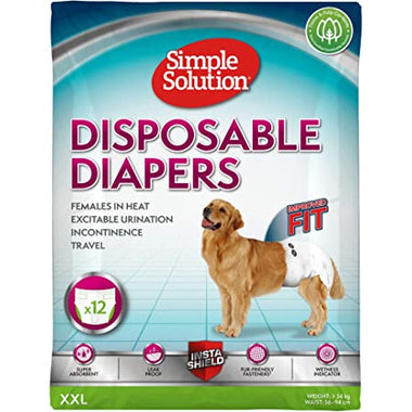 Simple Solution True Fit Disposable Dog Diapers for Female Dogs, Super Absorbent with Wetness Indicator, Leak Proof, Adjustable Fur Friendly Fasteners for Comfortable Fit, Quickly Absorb Liquid for Long Lasting Dryness, XXL Size 56-94cm Waist (12 Pack)