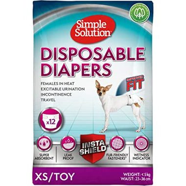 Simple Solution True Fit Disposable Dog Diapers for Female Dogs, Super Absorbent with Wetness Indicator, Leak Proof, Adjustable Fur Friendly Fasteners for Comfortable Fit, Quickly Absorb Liquid for Long Lasting Dryness, XS Size 23-36cm (12 Pack) TOY BREED